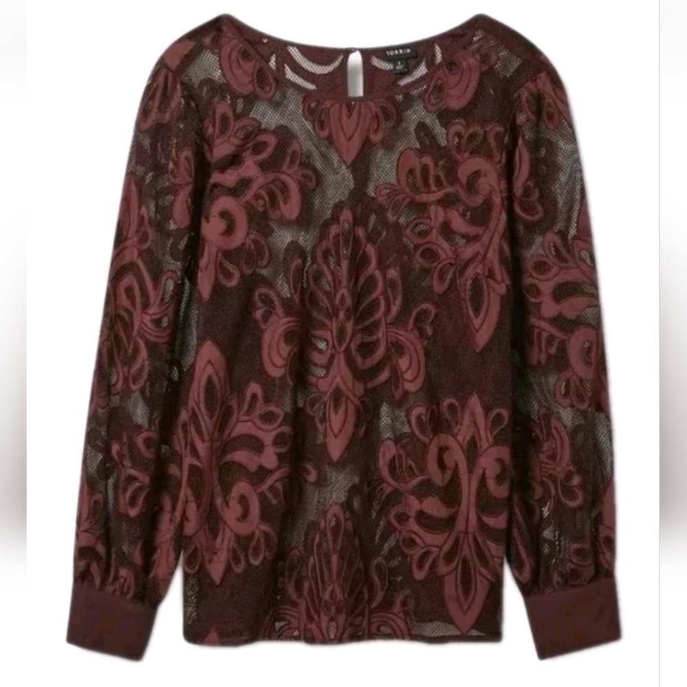Torrid Sheer Mesh Top Woman Plus 2X Purple Sassafraa Embroidered Whimisical Boho